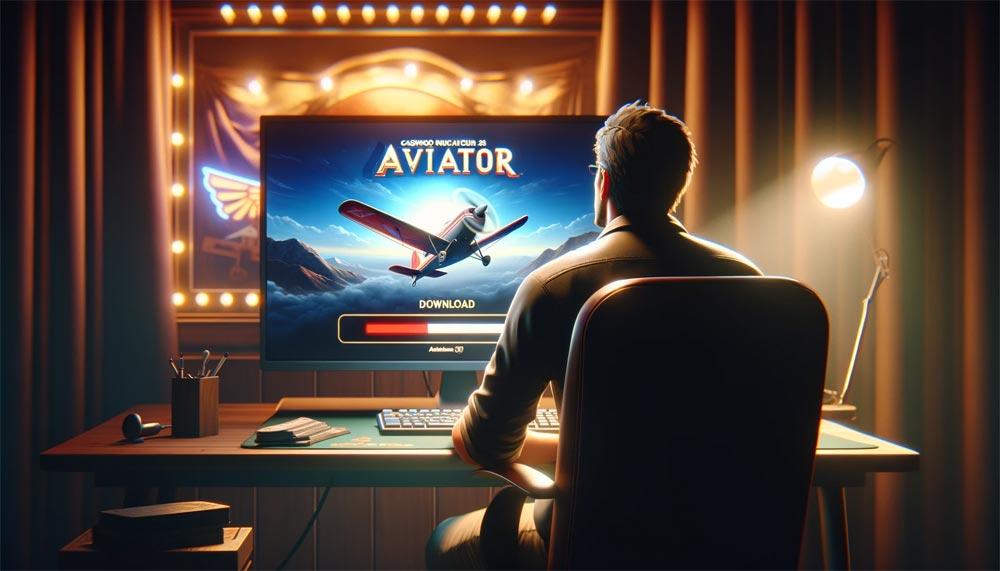 Игрок, сидя за компьютером, загружает игровой автомат Aviator