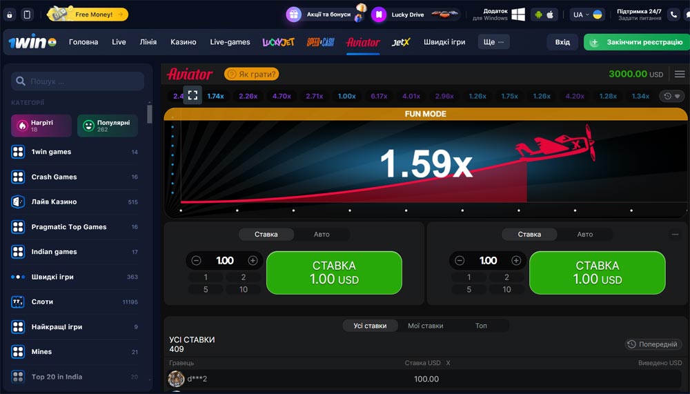 Знімок екрану під час гри в Aviator у казино 1Win, на якому відображено інтерфейс гри з графіком зростаючого множника