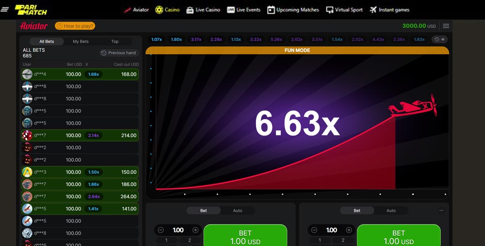 the moment of active play in Aviator on the Parimatch website, where you can see the interface with an animated rising plane and an increase in multipliers on the betting chart