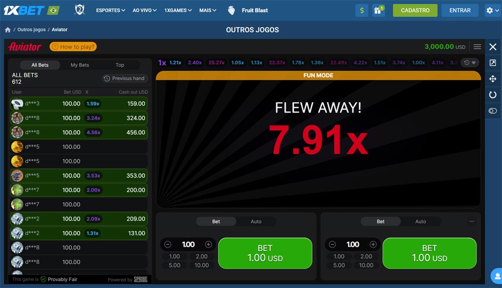 Fim da rodada no jogo Aviator no 1xBet, com o avião voando para fora da tela simbolizando o término do jogo