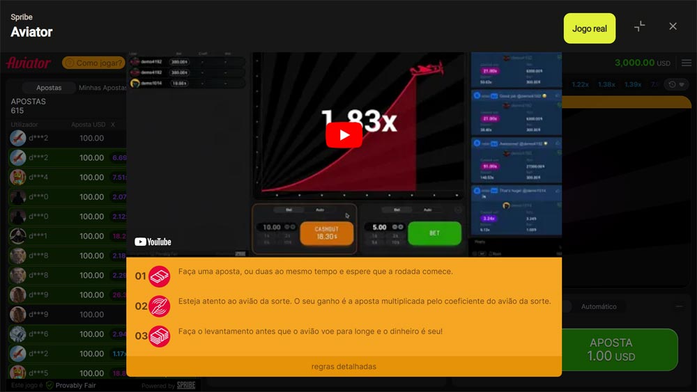 Vídeo com explicações passo a passo sobre como jogar o jogo Aviator