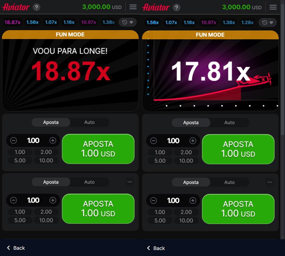 Tela de um jogo Aviator no aplicativo móvel, com o avião no ar e opções de apostas visíveis