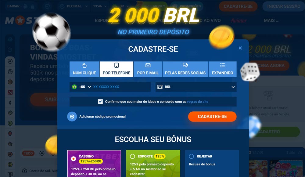 Página de registro no cassino Mostbet, mostrando o formulário de inscrição e o bônus de boas-vindas