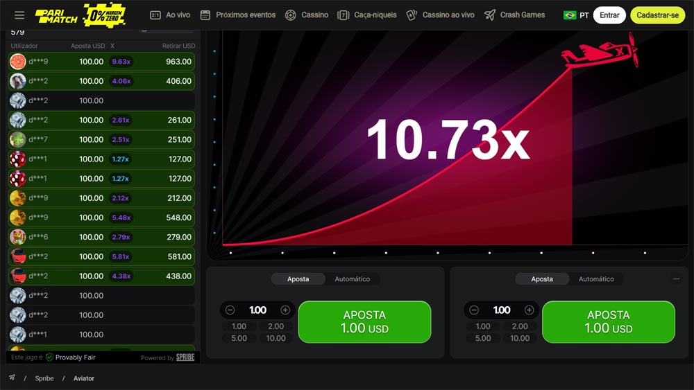 Jogo Aviator em andamento no cassino Parimatch, com o avião subindo na tela