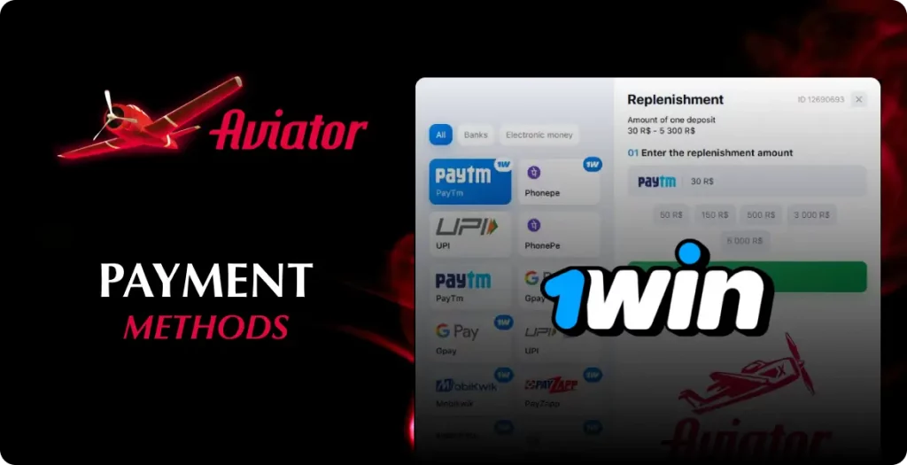 Replenishment options for Aviator game on 1Win including PayTM and other methods